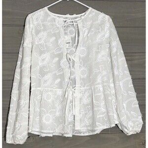 White Floral Sheer Long Sleeve Blouse M Boho  Cottagecore Coastal Grandma